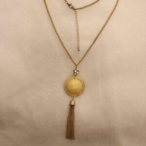 13" gold style vintage pendant necklace with cream pendant stone, chain tassel
